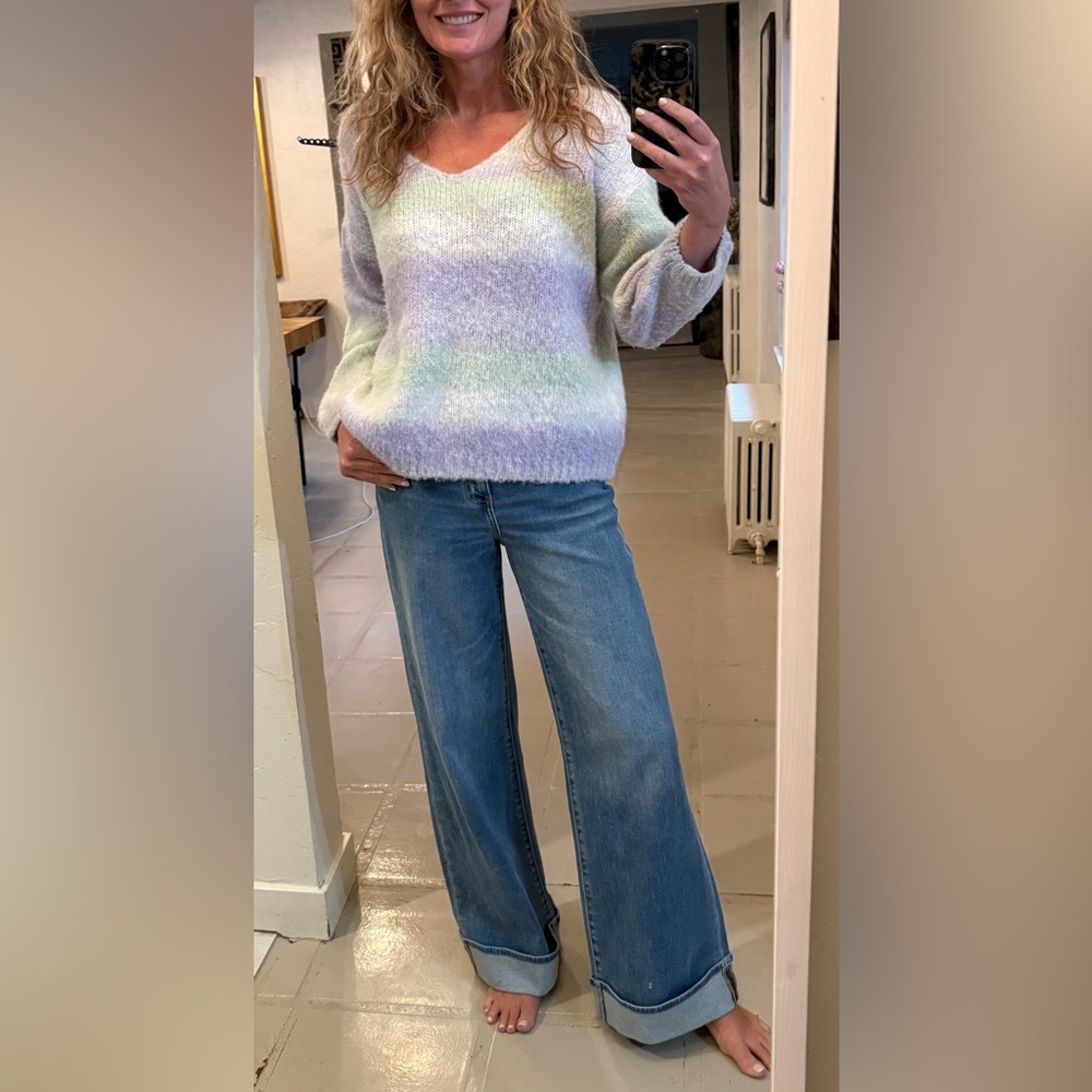 American Dreams Sophia Ombre Sweater L Striped Balloon Sleeve Denmark Italy Knit